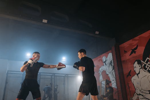 Two men engaged in boxing training indoors, capturing the intensity of the sport.