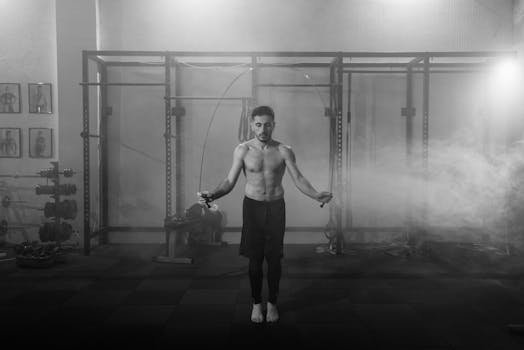 Muscular man doing a jump rope workout in an industrial gym setting with dramatic smoke around.
