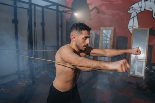 Muscular man exercising with resistance bands in a gym environment.