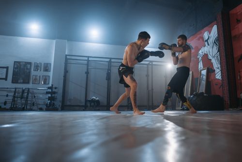 Free Two fighters engage in MMA sparring in a well-equipped gym setting. Stock Photo