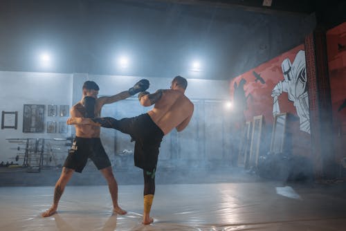 Free Two male fighters engaged in intense martial arts training, showcasing strength and technique. Stock Photo