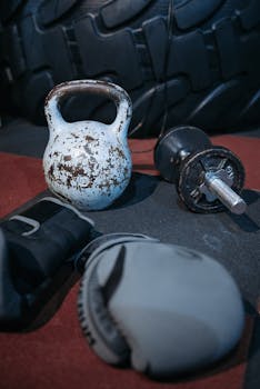 Close-up of fitness equipment including kettlebell, dumbbell, and boxing glove on gym floor.