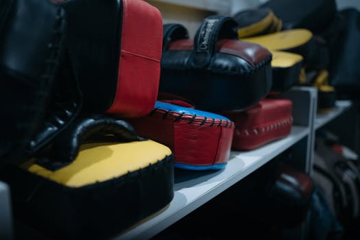 Close-up of stacked focus mitts in a gym, highlighting vibrant colors and equipment detail.