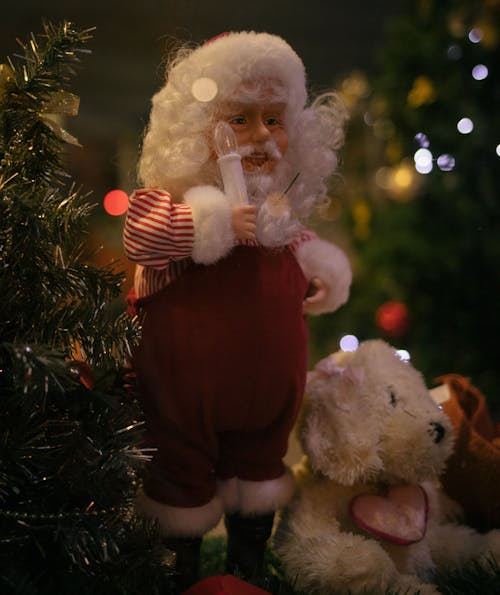 산타 클로스는 백곰 봉제 장난감을 들고
