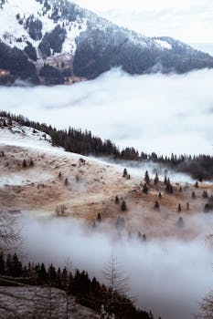 A serene misty mountain landscape with fog enveloping snowy peaks and forests.