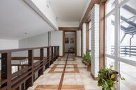 Long corridor with wooden railing and potted green flowers placed near bid windows located on second floor of contemporary house