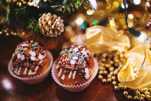 Two Cupcakes with Winter Decor