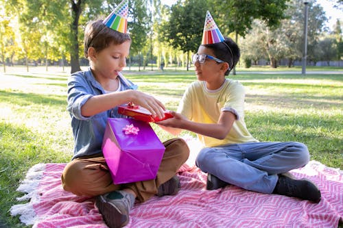 Free A Boy Giving His Friend a Birthday Gift Stock Photo
