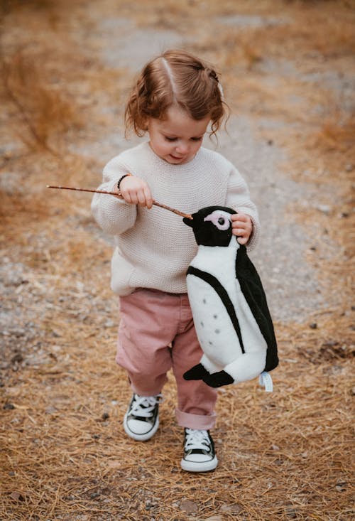 Free 
A Girl Playing with a Twig and a Stuffed Toy Stock Photo