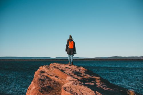 Free Back view of unrecognizable female hiker in warm jacket and hat with photo camera in hand standing on edge of rocky cliff and admiring picturesque seascape against cloudless blue sky Stock Photo