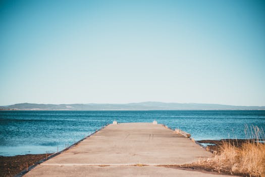 Serene view of a pier extending into the calm blue ocean under a clear sky.