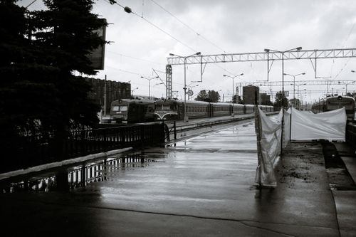 Free Black and white photo of a train station with rain puddles and trains in an urban setting. Stock Photo