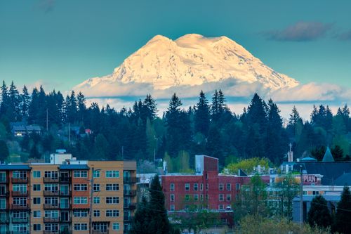 Free Majestic view of Mount Rainier with snow-capped peak rising behind urban buildings and dense forest. Stock Photo