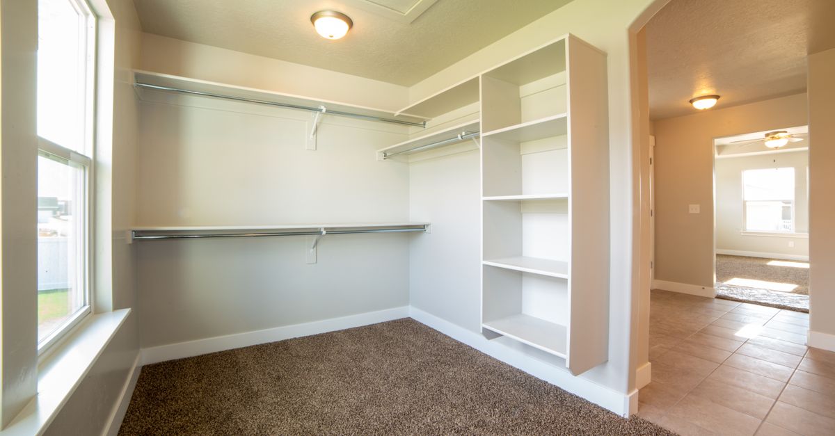 Bright and spacious modern closet with white walls and carpet flooring.