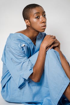 A pensive patient in a blue hospital gown, seated and looking away thoughtfully.