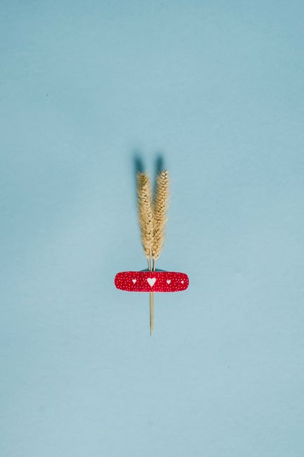 Small dry twigs and red medical plaster with little hearts sticking to blue wall in studio