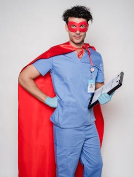 A healthcare professional dressed as a superhero with a red cape and mask in a studio setting.