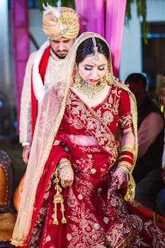 Bride in red lehenga and groom in traditional attire during an Indian wedding ceremony.