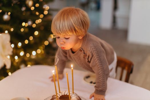 Young child blowing out candles on a birthday cake indoors, festive atmosphere.