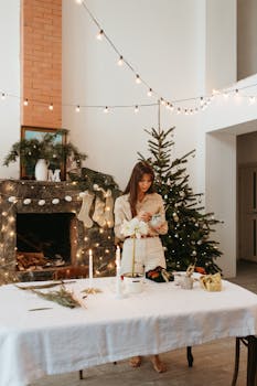Woman wrapping gifts at home with Christmas tree and decorations, creating a cozy holiday atmosphere.