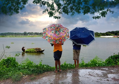 Free stock photo of two boy at river side