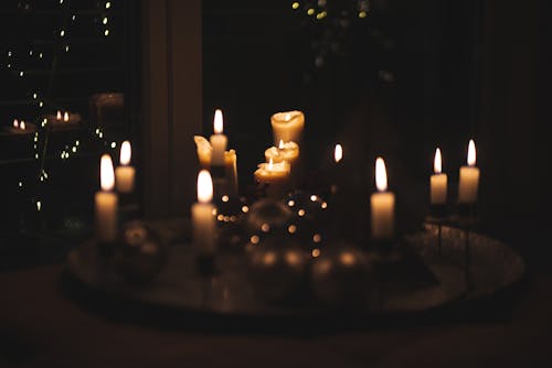 Lighted Candles on Metal Tray