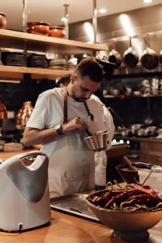 A skilled chef preparing a dish in a contemporary kitchen with various utensils and ingredients.