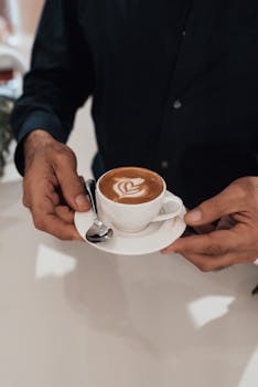 A close-up of a cup of coffee with latte art being held by a man in a café.