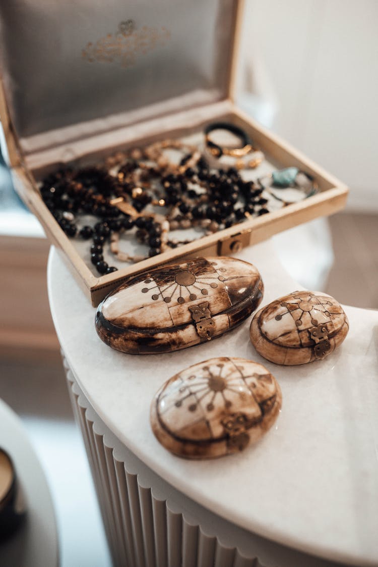 Collection Of Jewelry In Traditional Yak Bone Boxes In Store