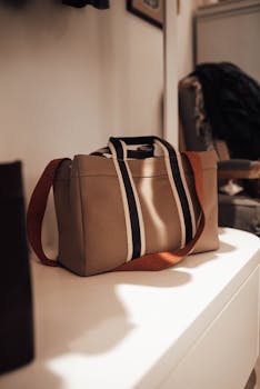 Stylish beige shopper bag with long strap placed on shelf in modern fashion boutique