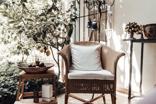 Wicker chair with cushion placed near lemon tree