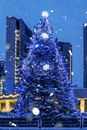 Christmas Tree With String Lights Near High Rise Buildings during Night Time