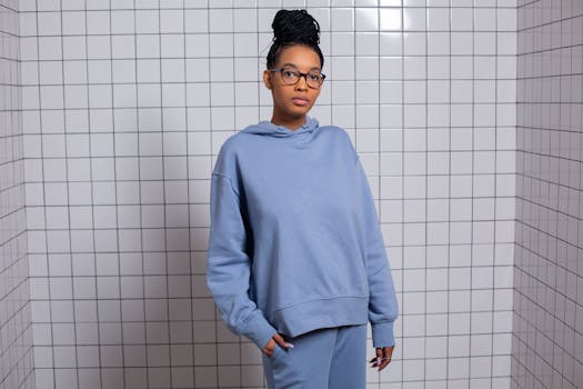 Confident young woman in blue hoodie with glasses against a tiled wall, capturing modern style and elegance.