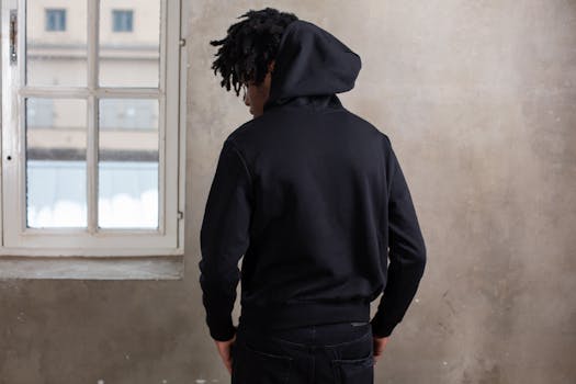 Young African American man in hoodie stands by a window in modern apartment, exuding individuality and modern fashion.