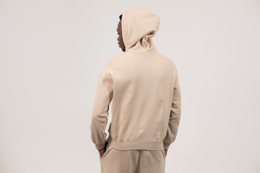Side view of a young man in a beige hoodie with hands in pockets against a plain backdrop.