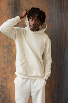 Portrait of a young man wearing a white hoodie, showcasing modern casual fashion.