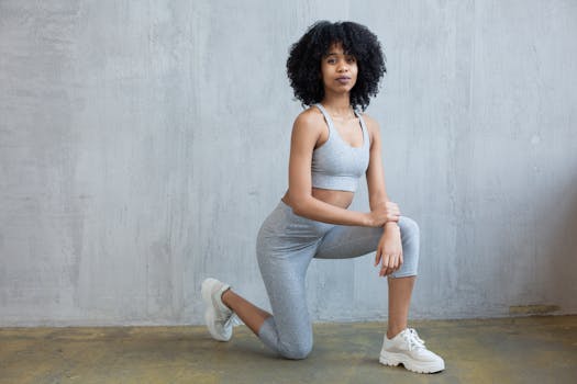 Young woman in gray sportswear doing a lunge exercise indoors focusing on fitness and health.