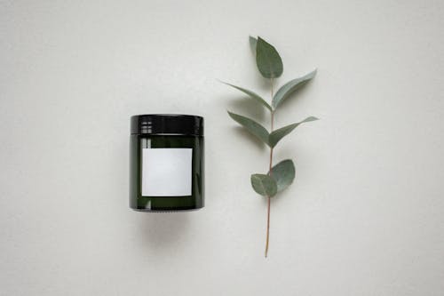 A Glass Container Beside a Stem Eucalyptus 