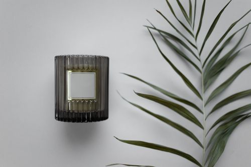 Free A stylish candle with a palm leaf on a pristine white background, perfect for minimalistic decor. Stock Photo