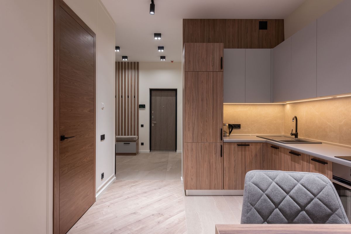 Modern spacious kitchen and connected home interior