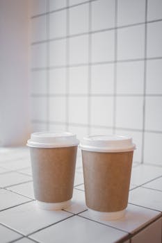 Two brown disposable coffee cups with white lids on a tiled surface. Perfect for coffee-themed designs.
