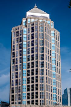 Impressive skyscraper stands tall against clear blue sky, showcasing modern urban architecture.