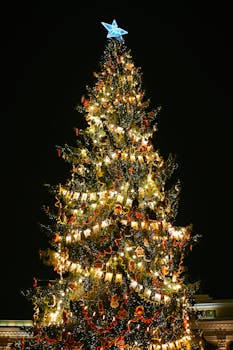 A beautifully decorated Christmas tree adorned with lights and ornaments stands against a dark sky.