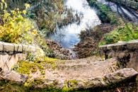 石阶长满青苔，通向宁静的河流，四周绿树成荫，大自然生机勃勃，呈现出一片宁静的景象