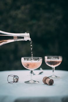 Champagne being poured into glasses on a table with cork and wire, creating an elegant setting.