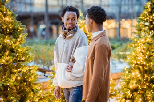 Smiling black gay couple walking in city street near Christmas trees decorated with garlands while looking at each other