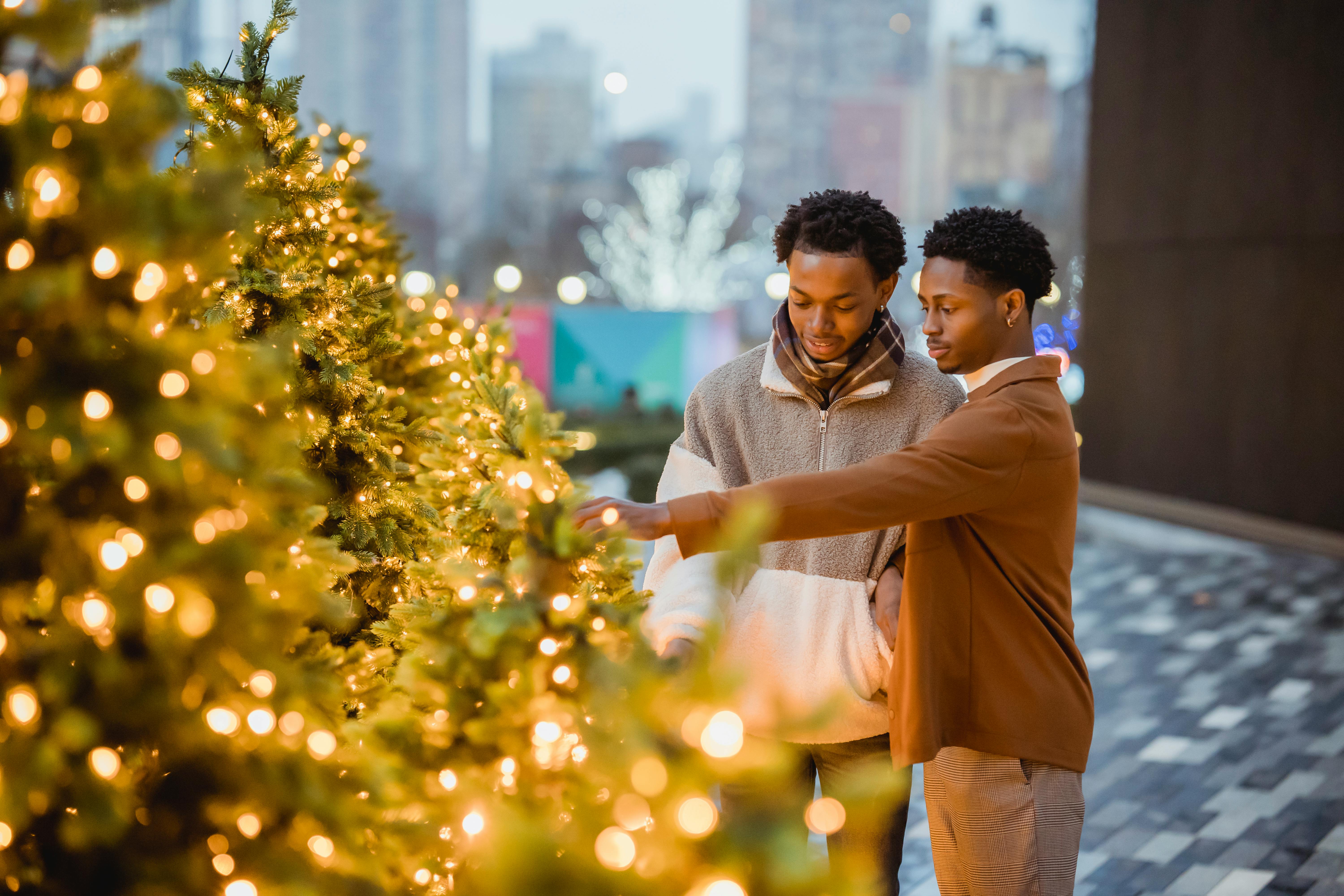 african american homosexual couple near decorated christmas trees in street