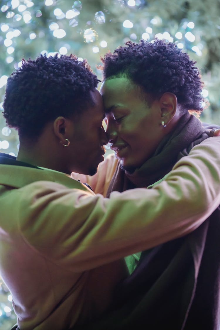 Gentle Gay Black Couple Embracing In Christmas Tree