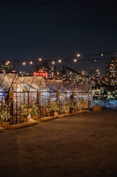Beautifully illuminated Christmas market stalls at night, with festive lights and decorations.