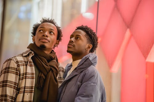 Young homosexual African American male partners with curly hair in outerwear looking up on blurred background